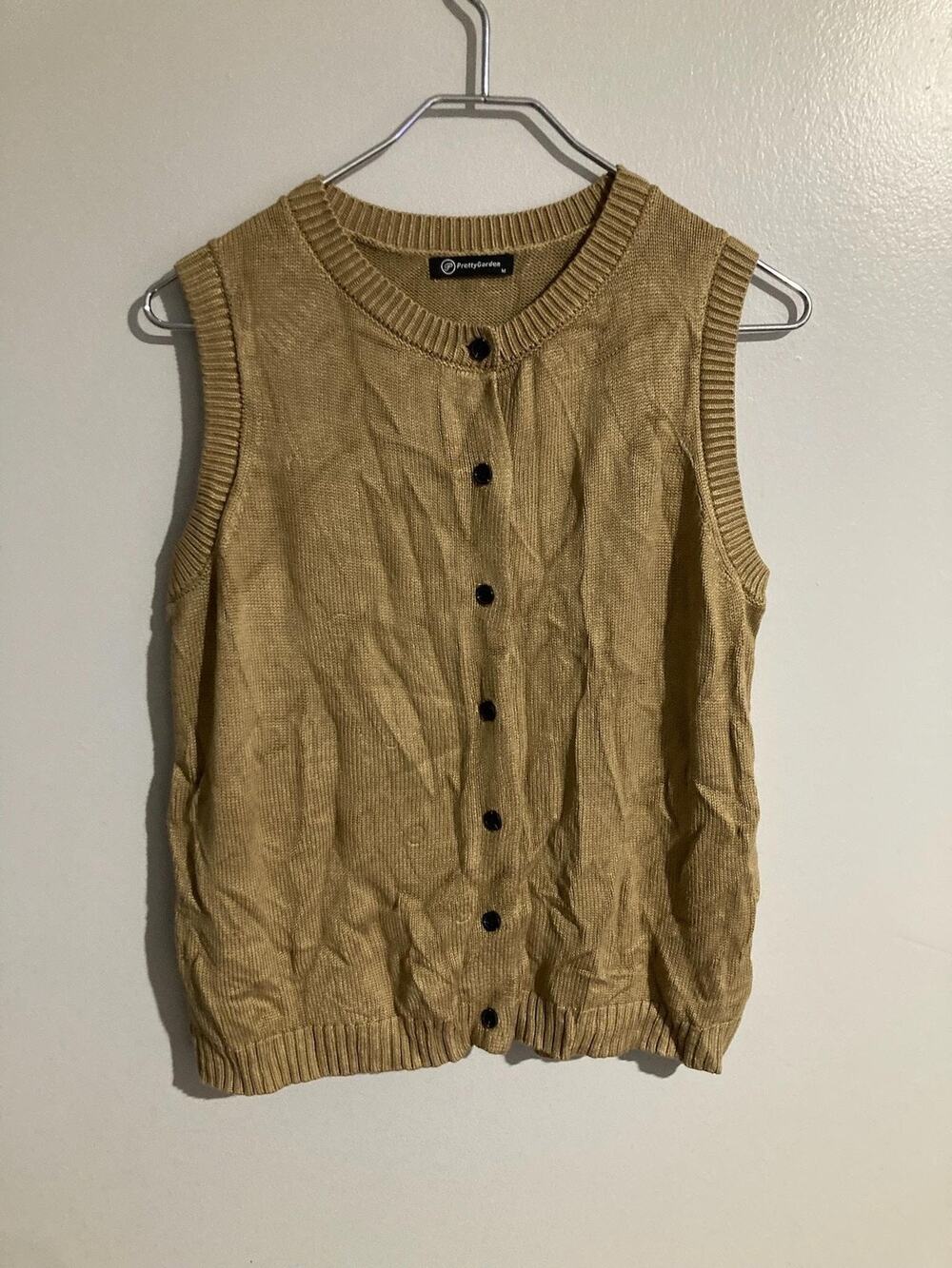 PrettyGarden Sweater Womens M Beige Vest Sleeveless Crew Neck Button Viscose